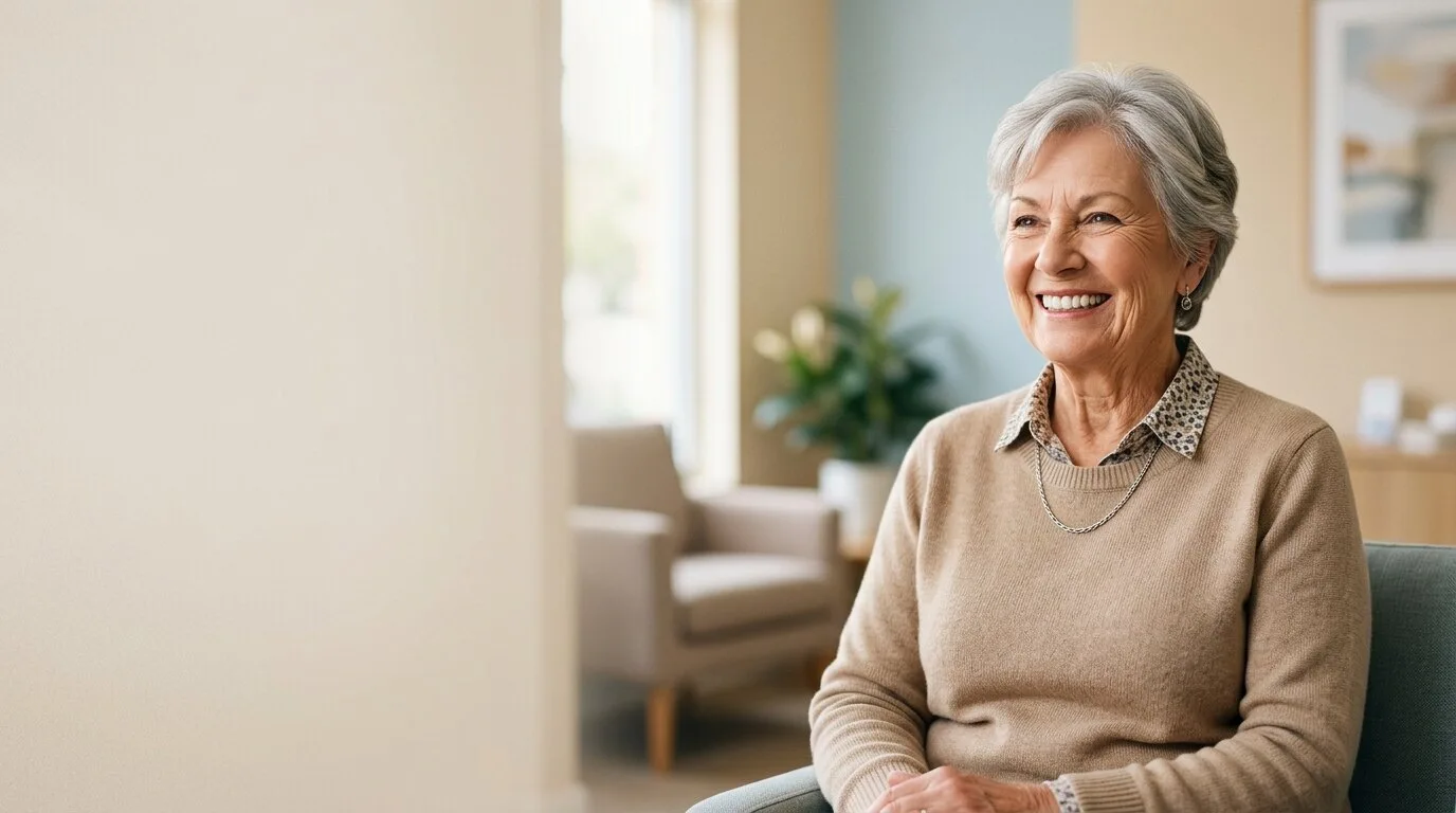 AI-generated illustration of an older woman in a light-filled interior; not an actual patient