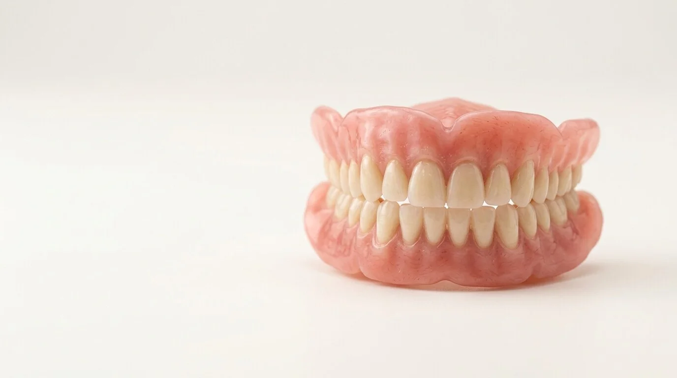 AI-generated illustration of full upper and lower dentures, not a clinic case
